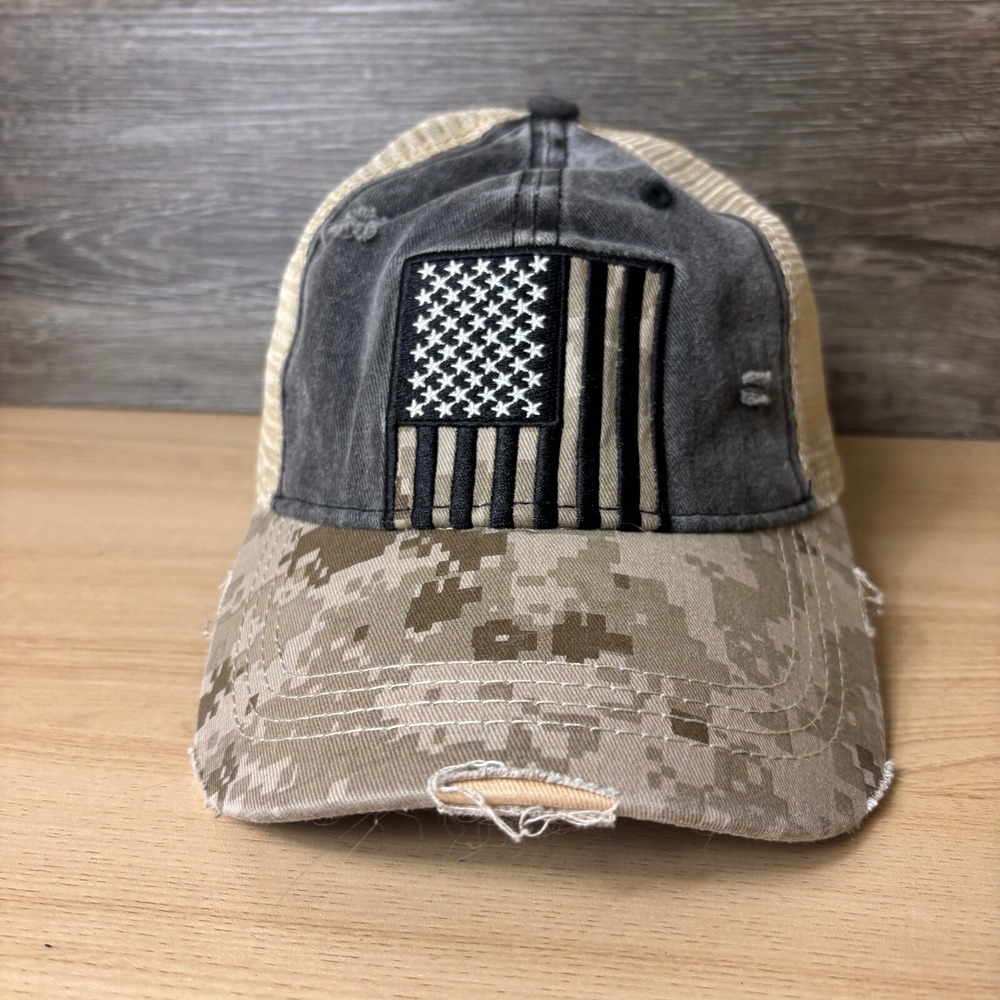 CC Exclusives Hat‎ Cap Womens Gray Camo USA Flag Outdoors Distressed Pony Tail